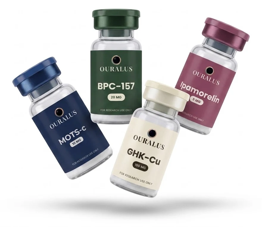 Four labelled research vials — MOTS-c, BPC-157, GHK-Cu and Ipamorelin — each marked for research use only.