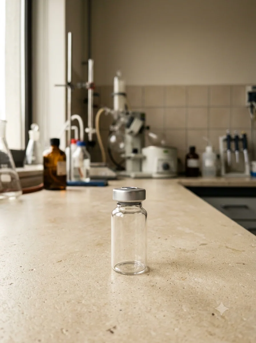Research vial on a laboratory bench — third-party verification